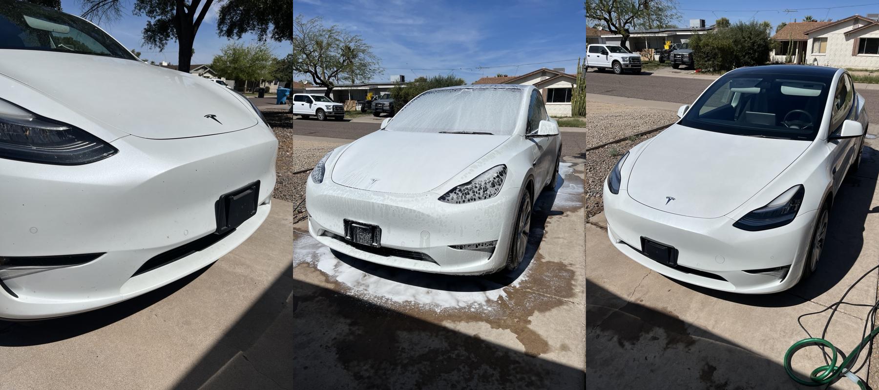 Three white Teslas detailed by Quick Solution — clean, foamed, and finished